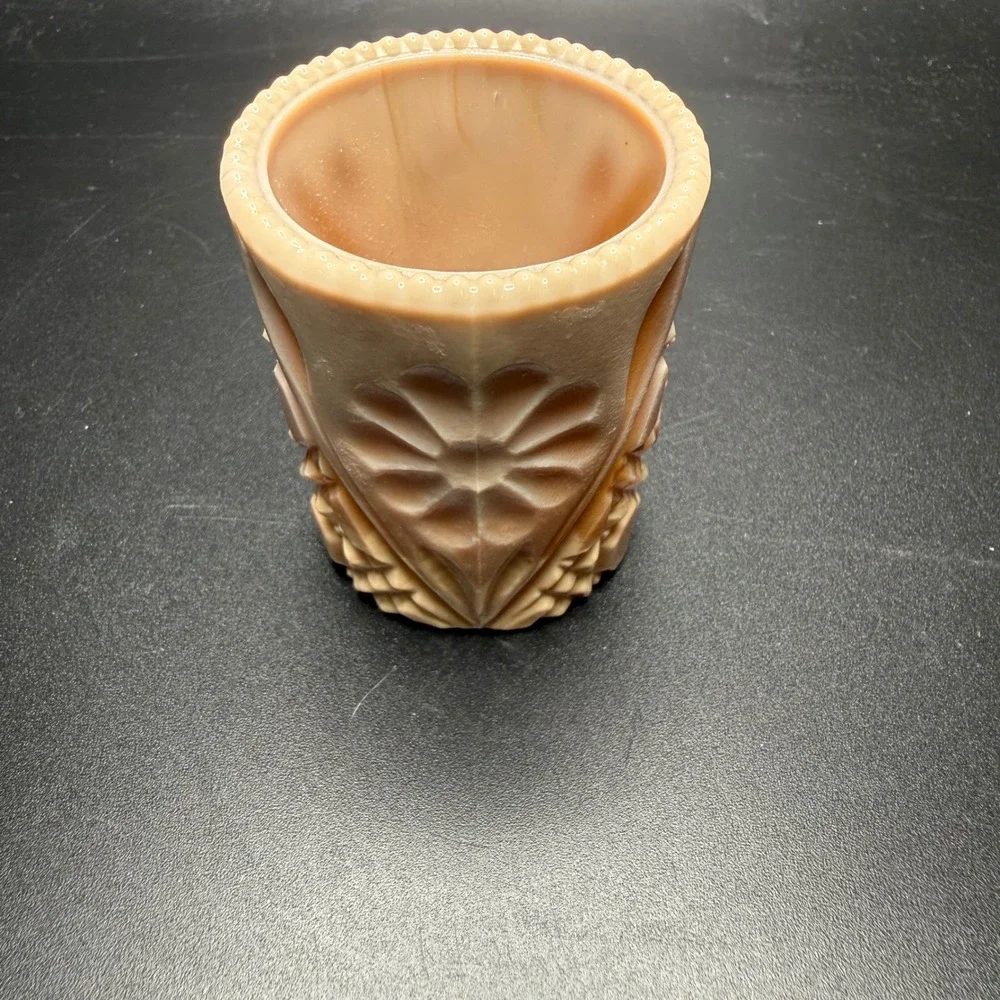 Joe St. Clair Caramel Slag Glass Toothpick Holder Floral Diamond Point 2in Tall - Picture 5 of 5